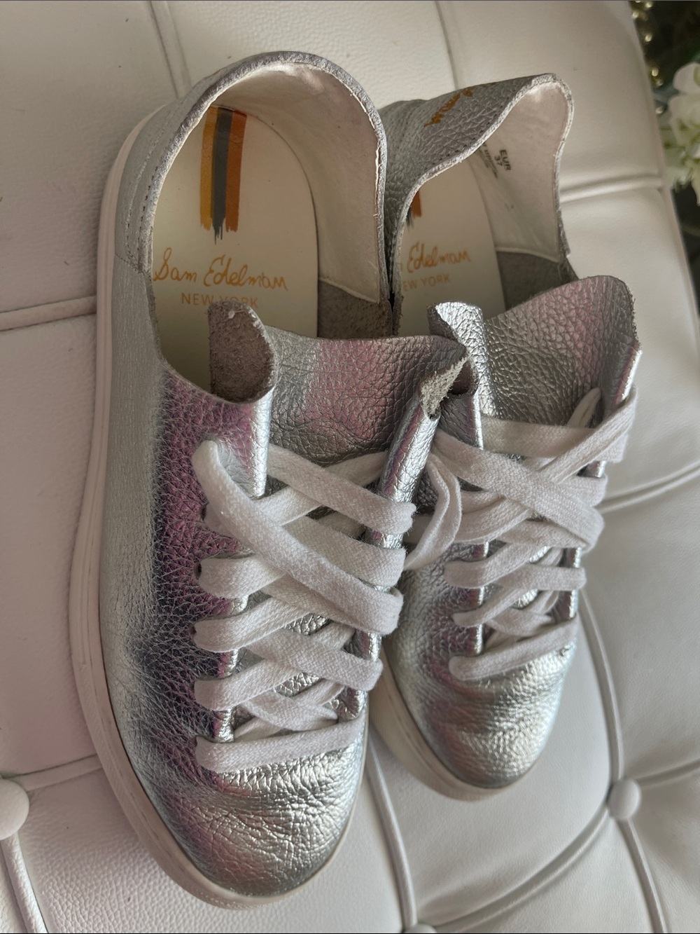 Sam Edelman Poppy Metallic Silver Leather Lace-Up Sneakers